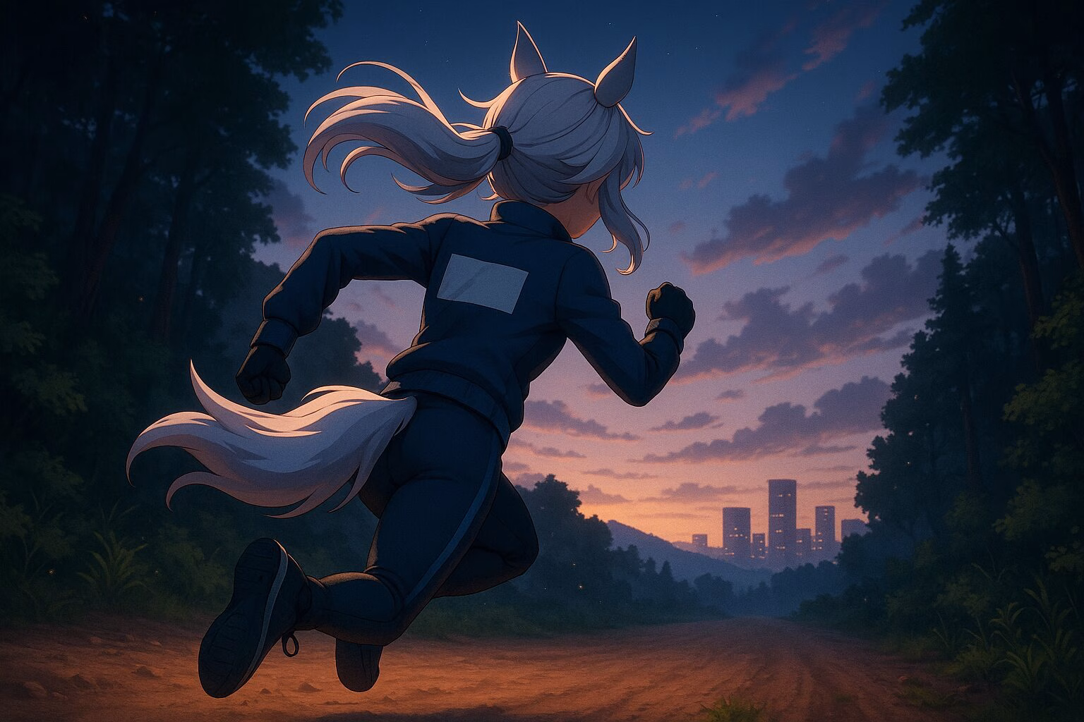 夜明け前の林道を都市に向かって走るポニーテールの少女の後ろ姿イラスト。AI生成イメージ画像/非公式素材