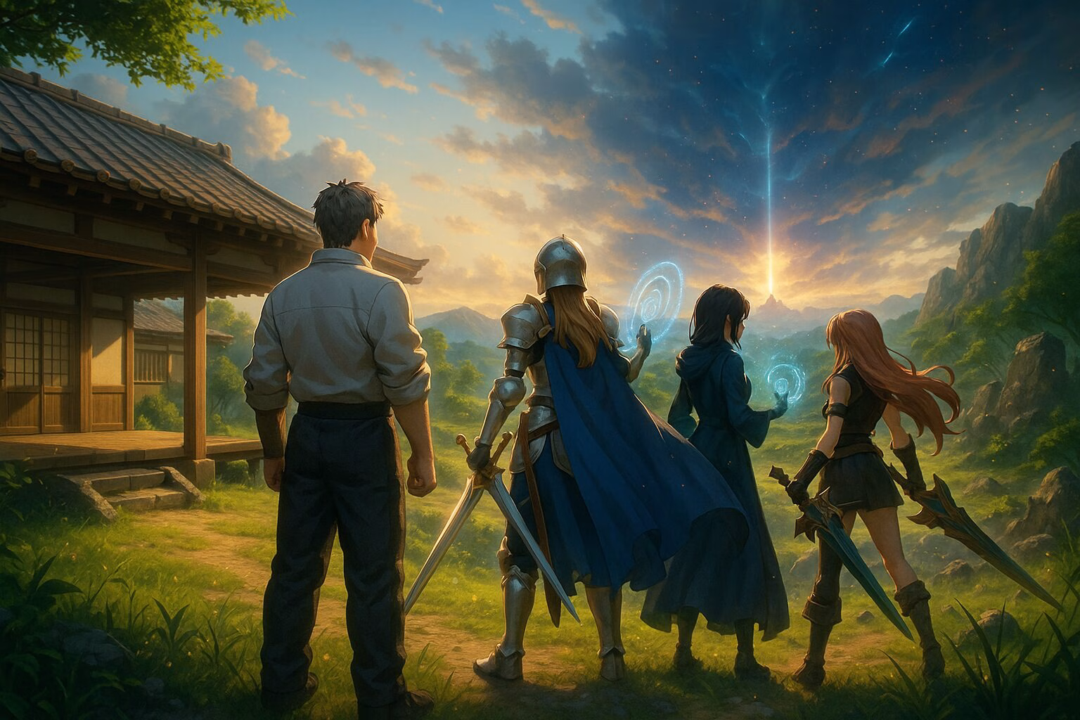 田舎の道場を背景に、師匠と3人の弟子が幻想的な戦場を見つめるアニメ風イラスト。信頼と成長を感じさせる後ろ姿の構図。AI生成イメージ画像/非公式素材