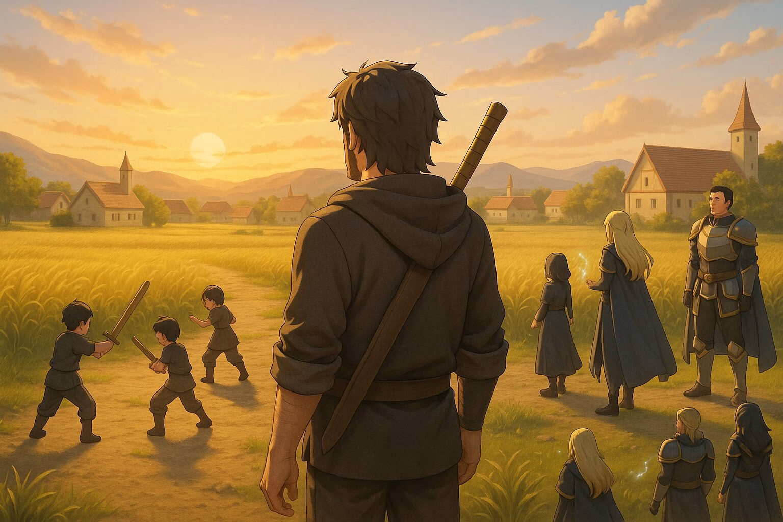 田舎の夕暮れ時、剣を教える中年の男と弟子たちを描いた温かみのあるアニメ風イラスト 。AI生成イメージ画像/非公式素材