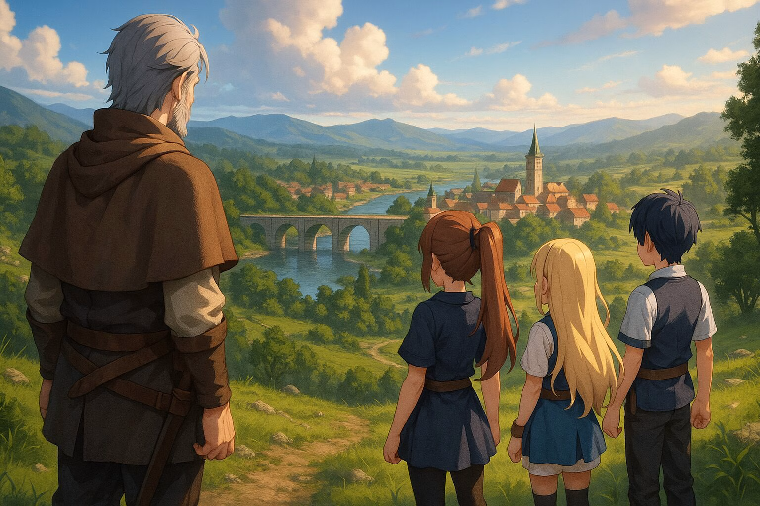静かな丘の上で、中年の剣士と3人の若者が中世風の村を見下ろしているアニメ風の風景。AI生成イメージ画像/非公式素材