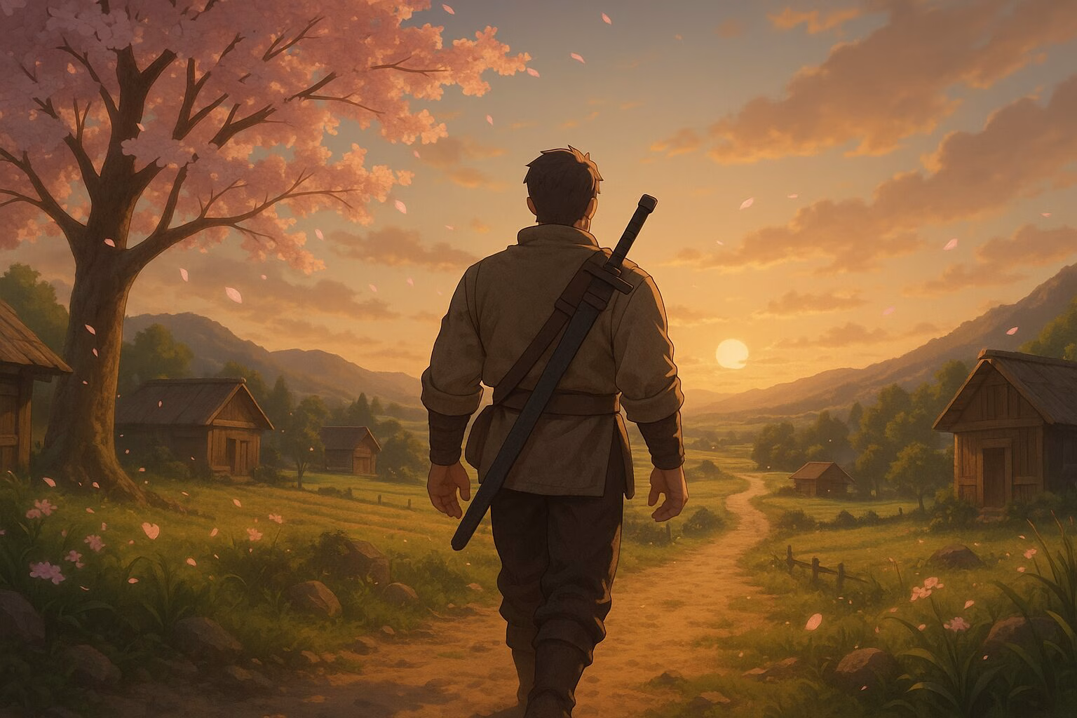 春の田舎道を歩く剣士の後ろ姿と、夕日に照らされた桜と農村風景のイメージイラスト。AI生成イメージ画像/非公式素材