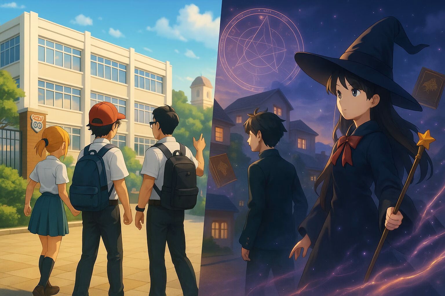 学園風の青春と魔法が融合した幻想的な世界観を対比的に描いた3DCGアニメ風イラスト。後ろ姿の学生たちと、夜の街に佇む魔法使い風の人物が登場。AI生成イメージ画像/非公式素材