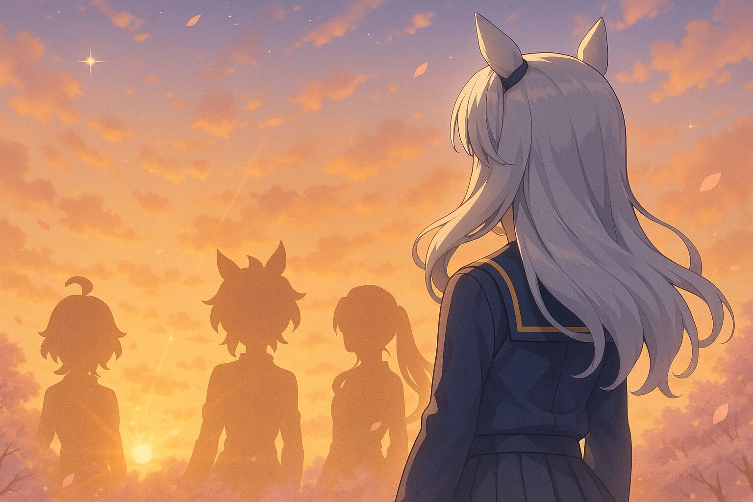 春の夕暮れ空を背景に、銀髪の少女が仲間たちのシルエットを見つめる感動的なアニメ風イラスト。AI生成イメージ画像/非公式素材