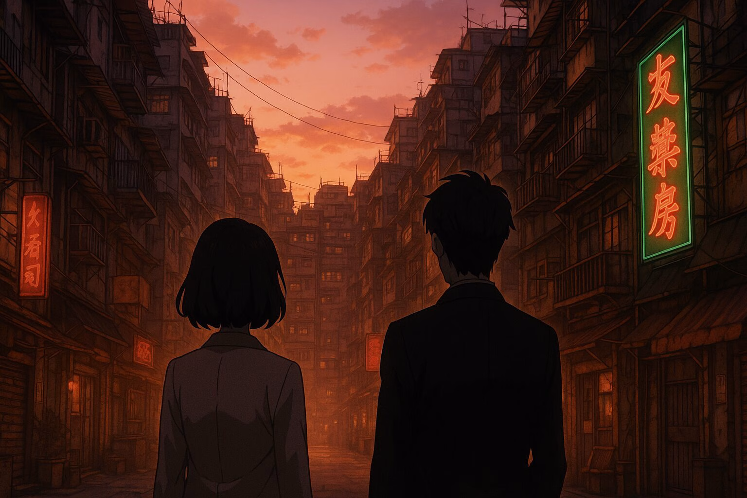 夕暮れ時の雑多な街並みに佇む男女の後ろ姿を描いた、ノスタルジックな雰囲気のアニメ風イラスト。AI生成イメージ画像/非公式素材