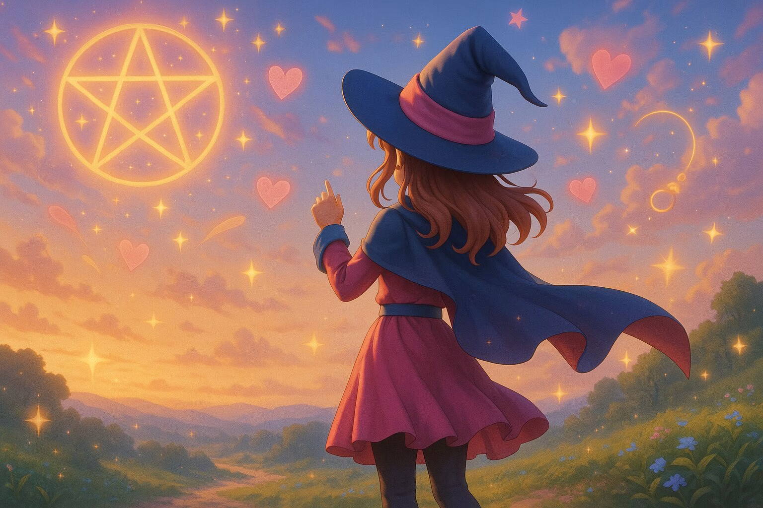 夕暮れの丘で魔法を使う少女の後ろ姿。幻想的な空と光のエフェクトが広がるファンタジー風景。AI生成イメージ画像/非公式素材