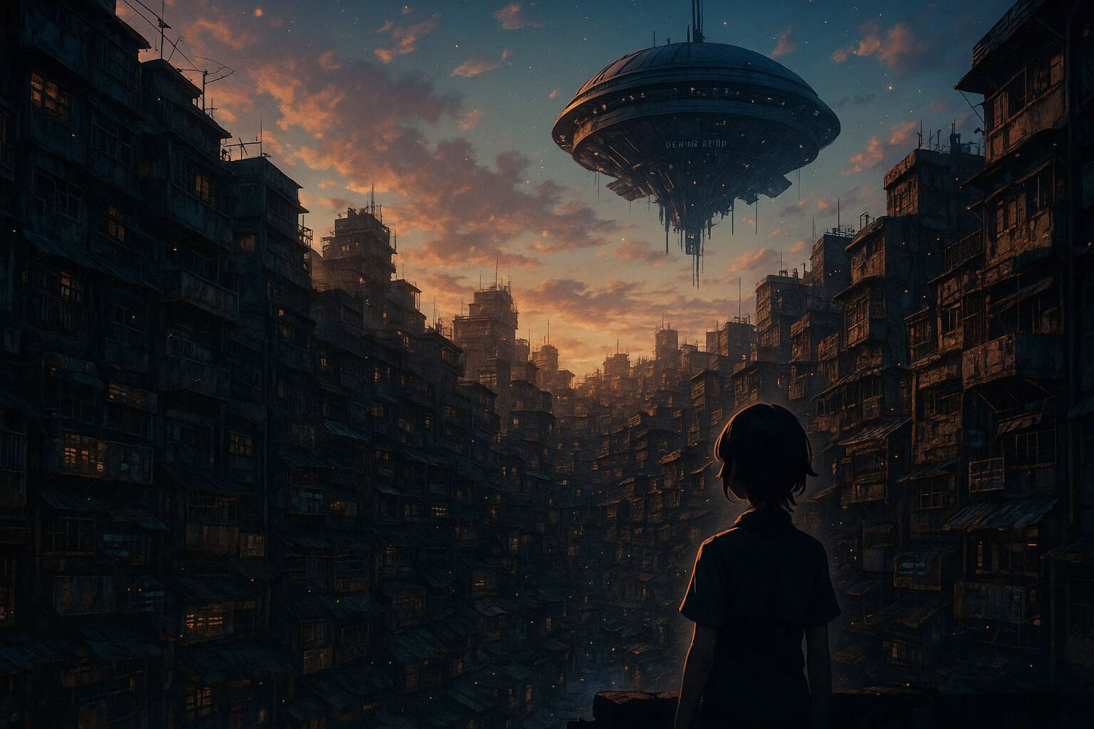 夕暮れの空に浮かぶ未来的な構造物と、密集した都市を見上げる人物のシルエット。記憶と感情をテーマにした幻想的な風景。AI生成イメージ画像/非公式素材