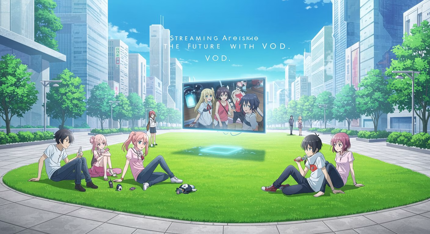 "Anime-style illustration of a futuristic city park with young people watching anime on a floating transparent screen, and the phrase 'Streaming the Future with VOD.' glowing in the sky."