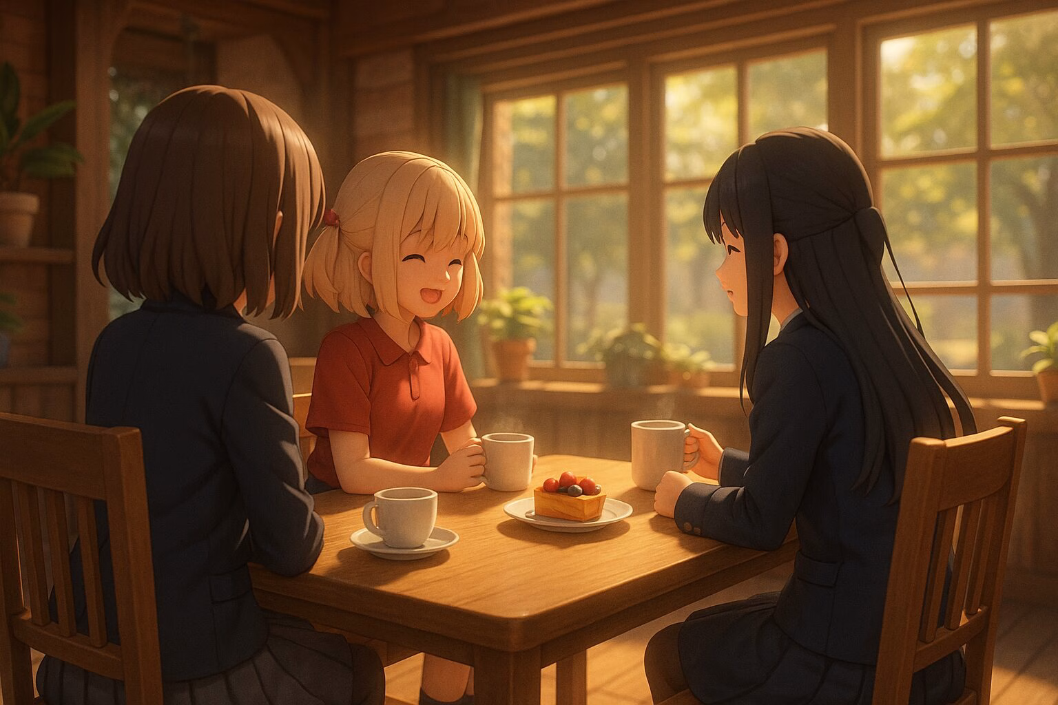 木漏れ日が差し込むカフェで、三人の少女が穏やかに会話を楽しむアニメ風の後ろ姿イラスト。AI生成イメージ画像/非公式素材