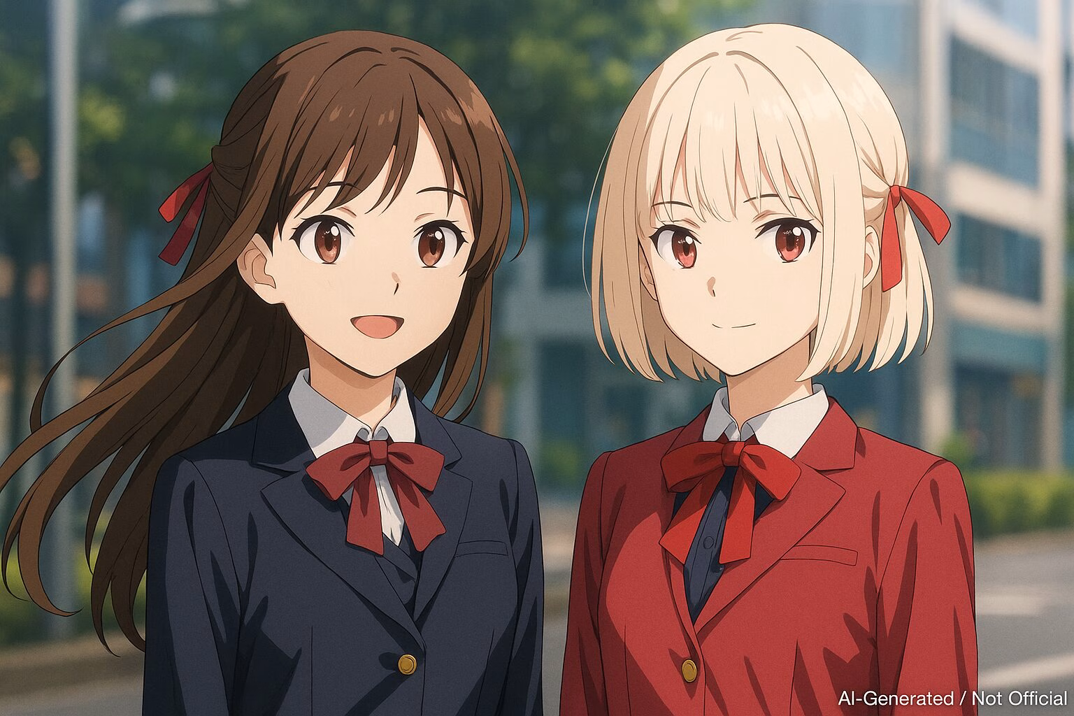 『リコリス・リコイル』風のAI生成ファンアート。制服姿の2人のキャラクターが屋外で微笑んでいる構図。AI-Generated / Not Officialと右下に明記。