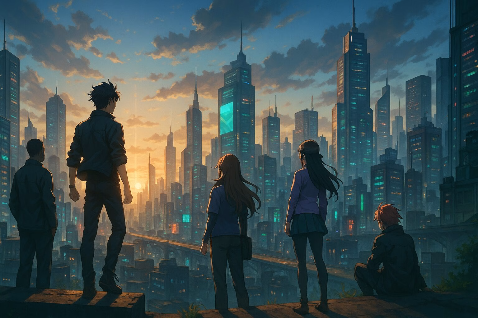 近未来都市の夕暮れを背景に、高層ビルを見下ろす5人のキャラクターの後ろ姿を描いたアニメ風イメージ。チームの結束や物語の始まりを感じさせる構図。AI生成イメージ画像/非公式素材