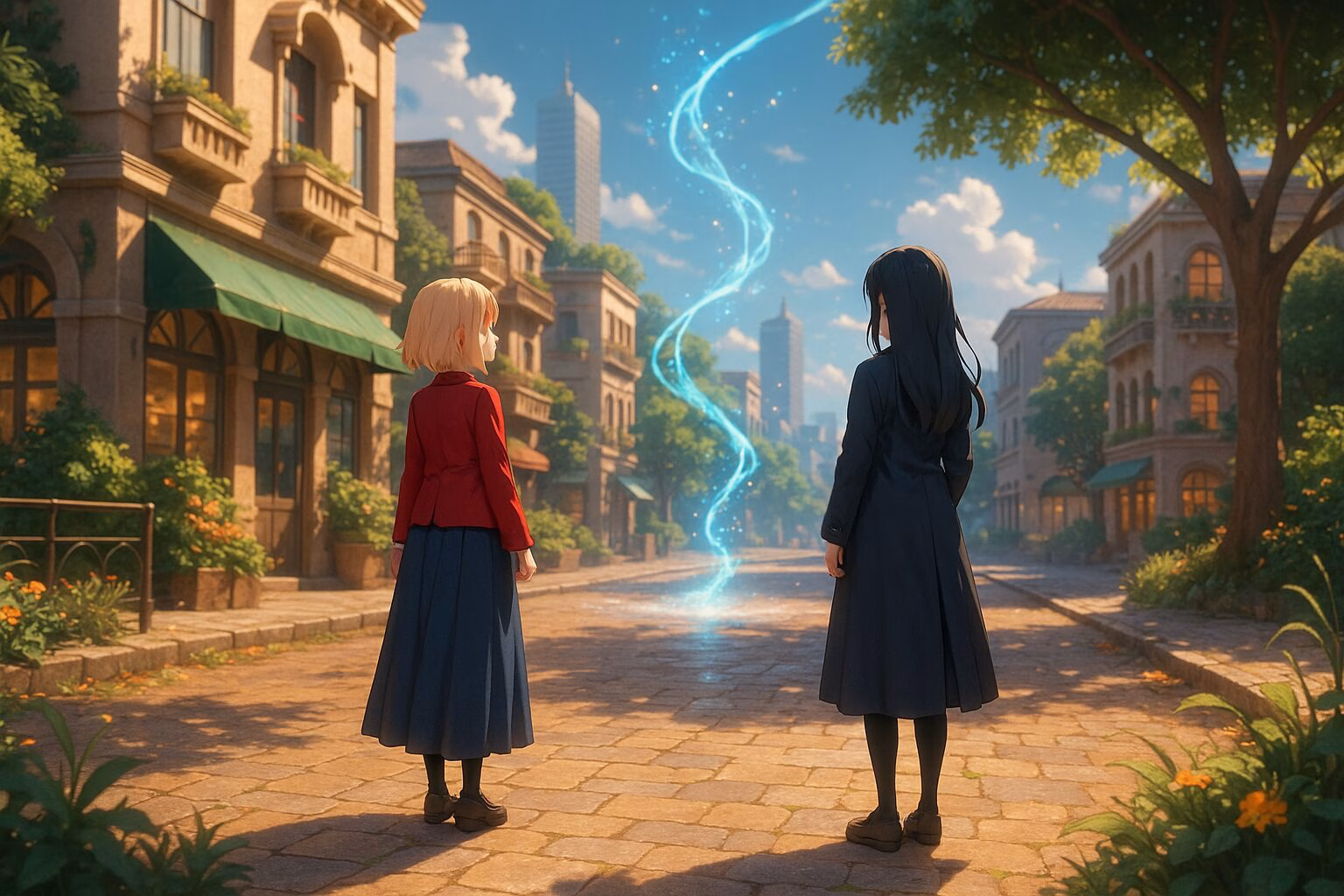 アニメ風の3DCGで描かれた、夕暮れの街並みに立つ2人の少女の後ろ姿。幻想的な光が空に舞い上がる様子が描かれている。AI生成イメージ画像/非公式素材