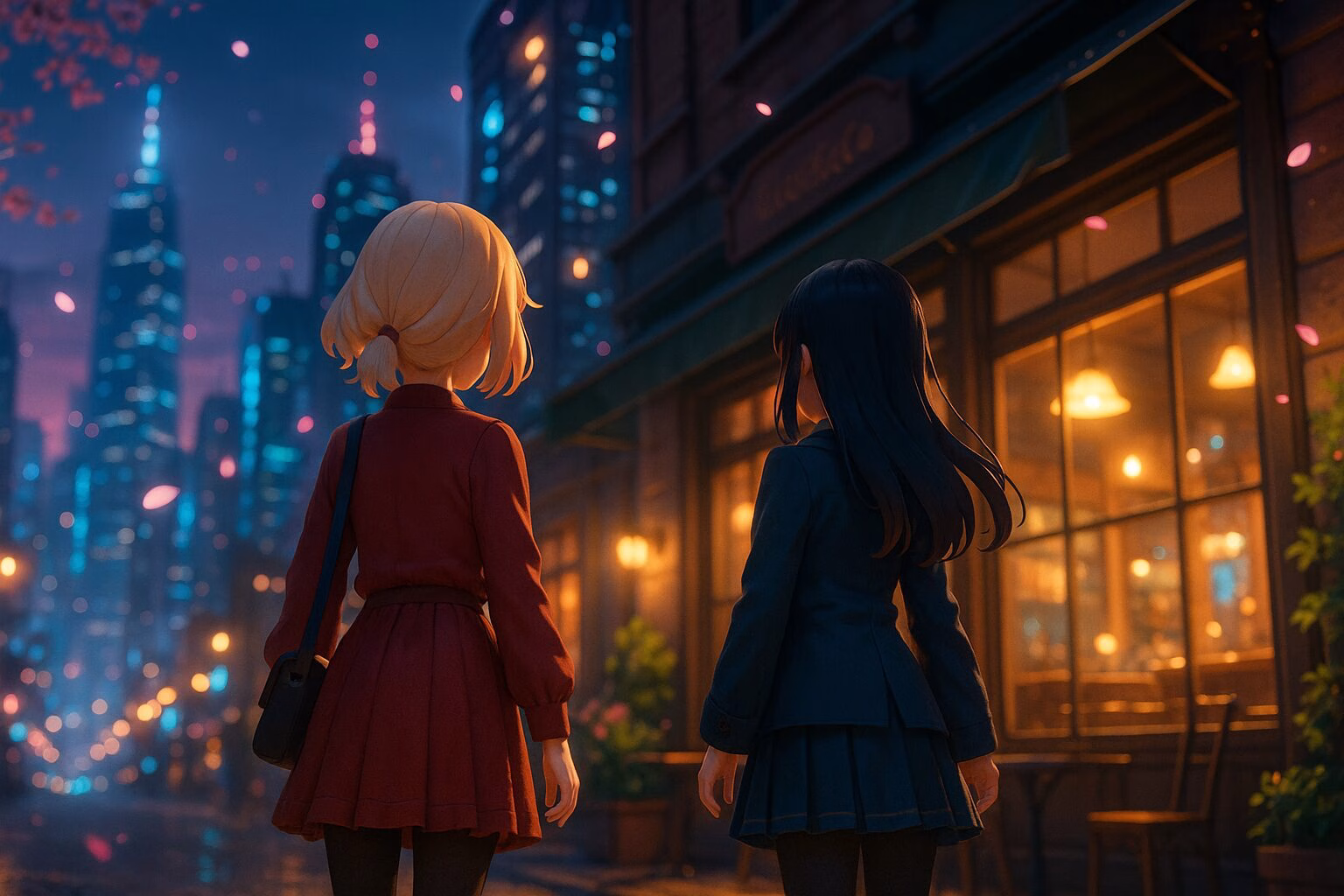 ネオンが輝く夜の街とカフェの前に立つ少女たちの後ろ姿を描いた3DCG風イラスト。AI生成イメージ画像/非公式素材