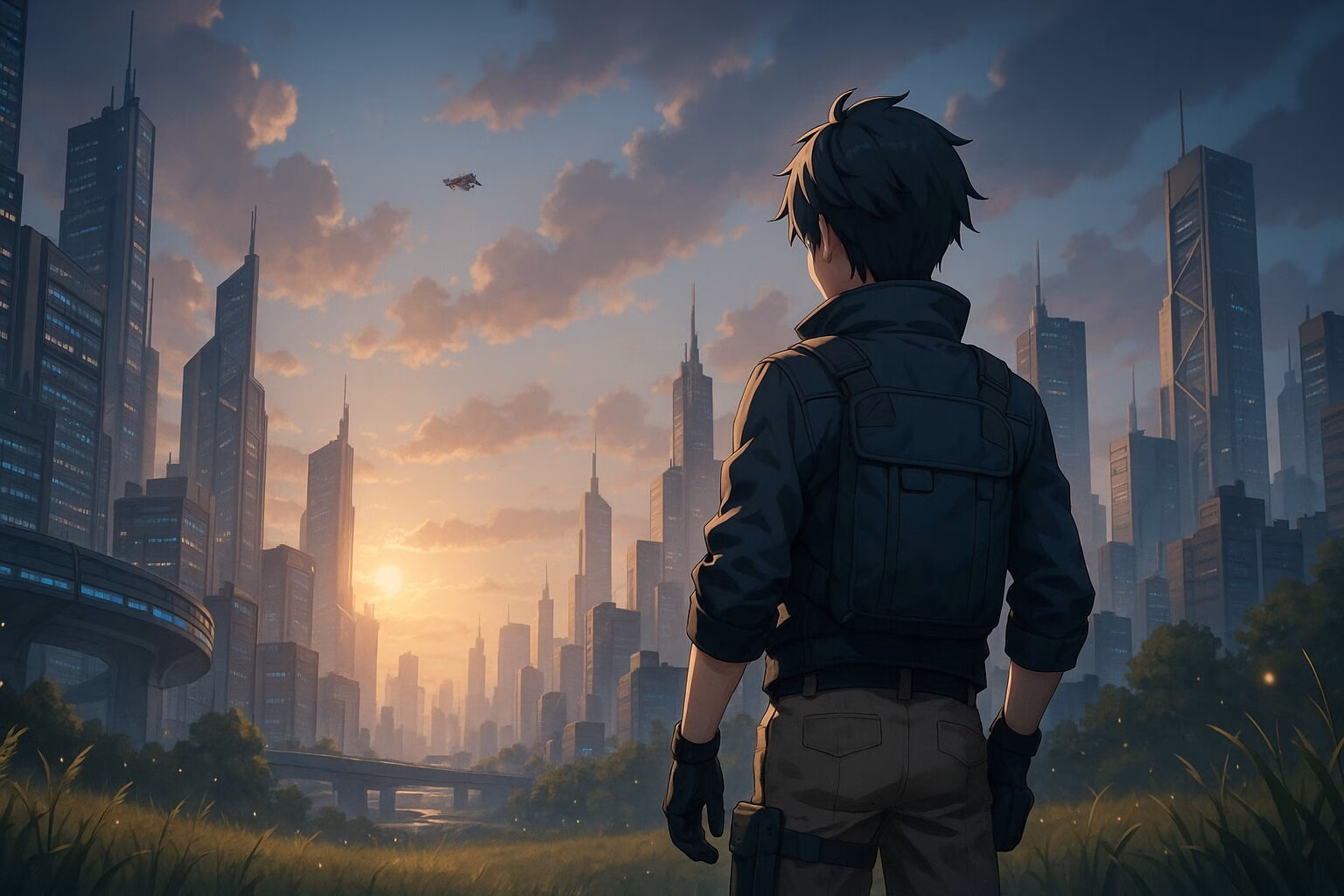 夕暮れの近未来都市を見下ろす男性キャラクターの後ろ姿。高層ビルとテクノロジー感ある風景が広がるアニメ調イラスト。AI生成イメージ画像/非公式素材