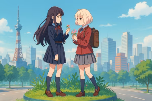 都市の風景を背景に、制服姿で花を手に見つめ合うふたりの少女。静かな感情の交流を描いたイメージ画像。