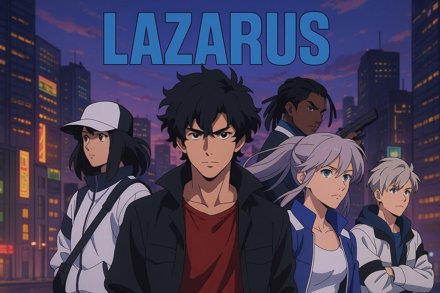未来都市を背景に立つアニメキャラクターたちの集合イラスト。ラザロの世界観と雰囲気を表現したビジュアル。AI生成・非公式素材。