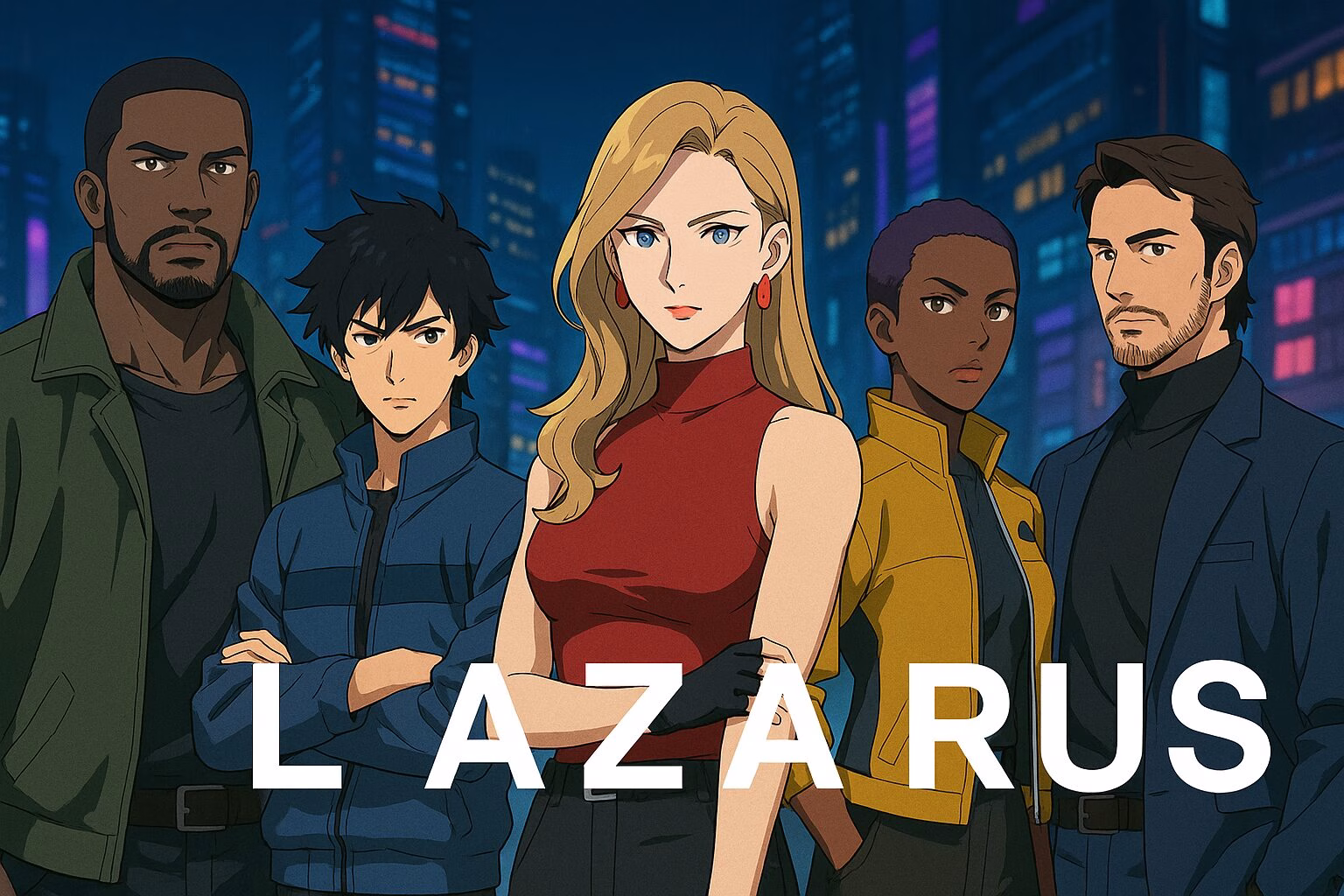 未来都市を背景に並ぶアニメ風キャラクター5人の集合イラスト。『ラザロ（Lazarus）』の世界観をもとにAI技術で制作された非公式オリジナルビジュアル。