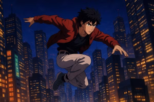 高層ビルの間をジャンプする若い男性キャラクター。夜の都市を背景にしたパルクール風のアニメシーン。AI生成・非公式素材。