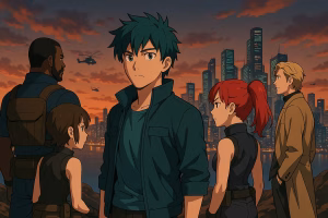 夕暮れの近未来都市を背景に、5人の人物が任務に向けて立つアニメ風のイメージビジュアル。AI生成・非公式素材。