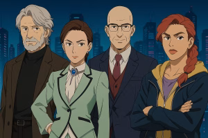 夜の未来都市を背景に、それぞれ異なる服装で並ぶ4人のアニメ風キャラクター。知的かつプロフェッショナルな印象を与える構図。AI生成・非公式素材。