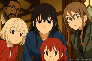 アニメ風の室内で、5人のキャラクターがPCを囲んで注目している構図。中央にたきな風のキャラクター、右側に千束風のキャラクターを含むAI生成画像。非公式作品と明記。
