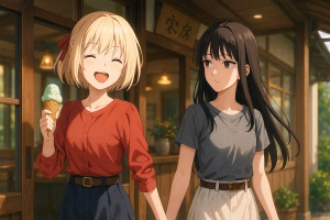　Two anime-style original characters inspired by Lycoris Recoil, standing in front of a traditional Japanese café. The blonde girl smiles with ice cream, while the dark-haired girl looks on calmly. A warm slice-of-life atmosphere.
