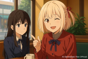 AIによって生成されたカフェ風シーンのイメージ画像。架空の女子学生風キャラクター2人が会話をしており、一方はウィンクと笑顔で親しみやすい雰囲気を演出している。