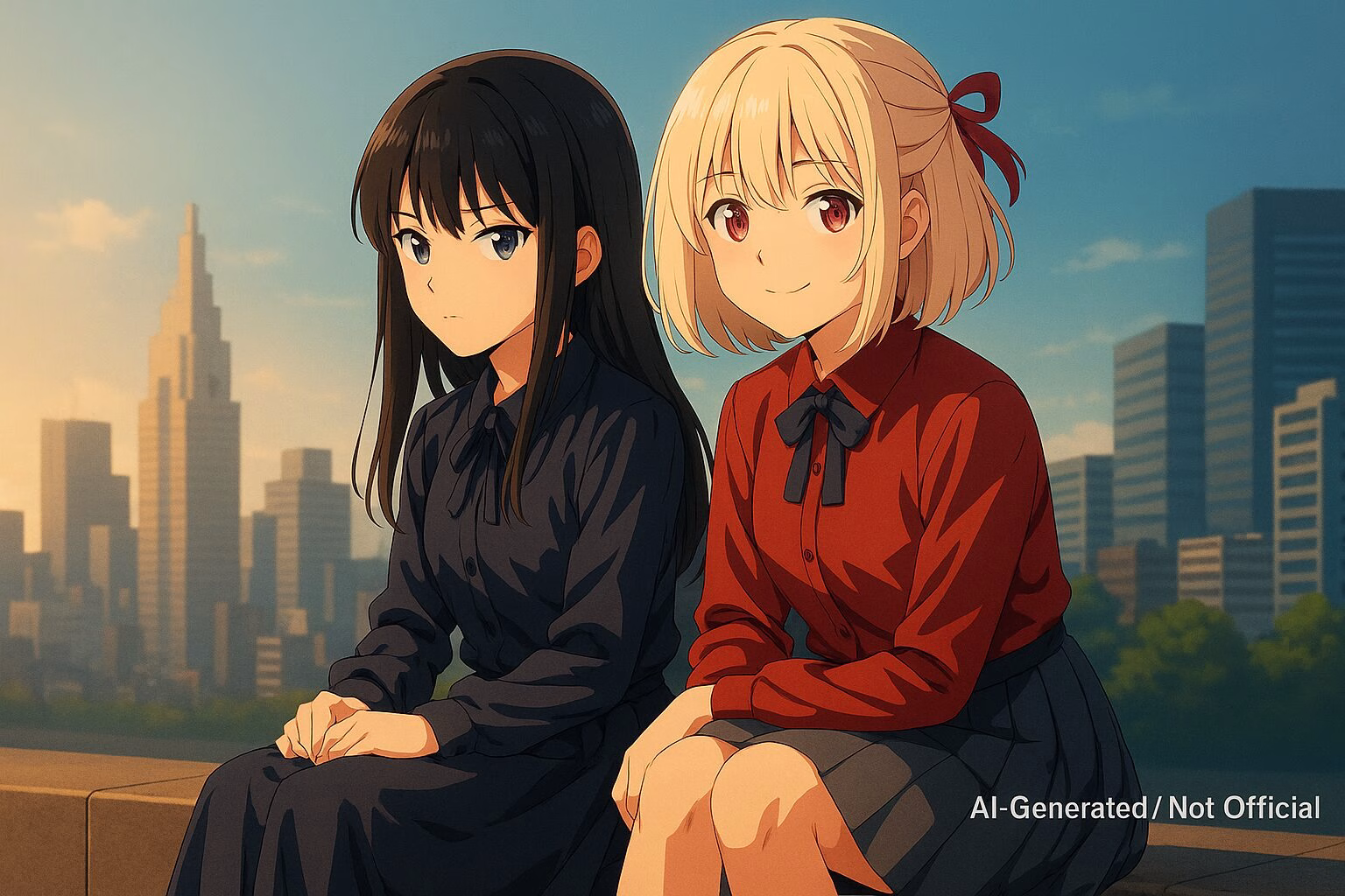 作品世界を参考にAI生成されたオリジナル風イラスト。夕暮れの都市を背景に、架空の制服風キャラクターがベンチで並んで座っている。