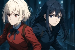 夜の都市路地を駆け抜けるアニメ風の2人の少女。真剣な眼差しと冷たい青の光が漂う、緊迫感ある場面。