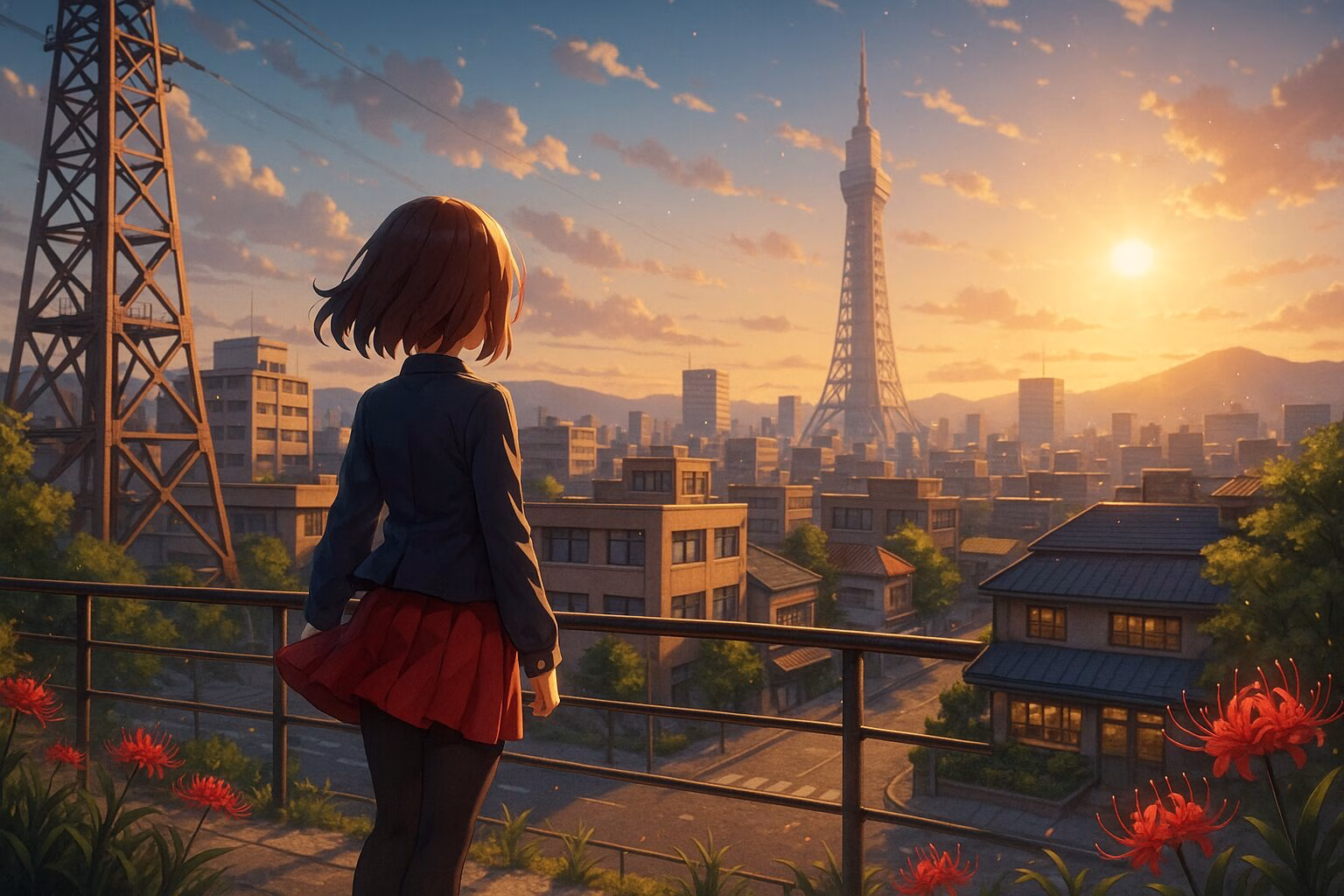 夕暮れの街を見下ろす屋上に立つ少女の後ろ姿。赤いスカートと紺の上着が風に揺れ、遠くには塔と山々が広がる情緒的な風景。AI生成イメージ画像/非公式素材