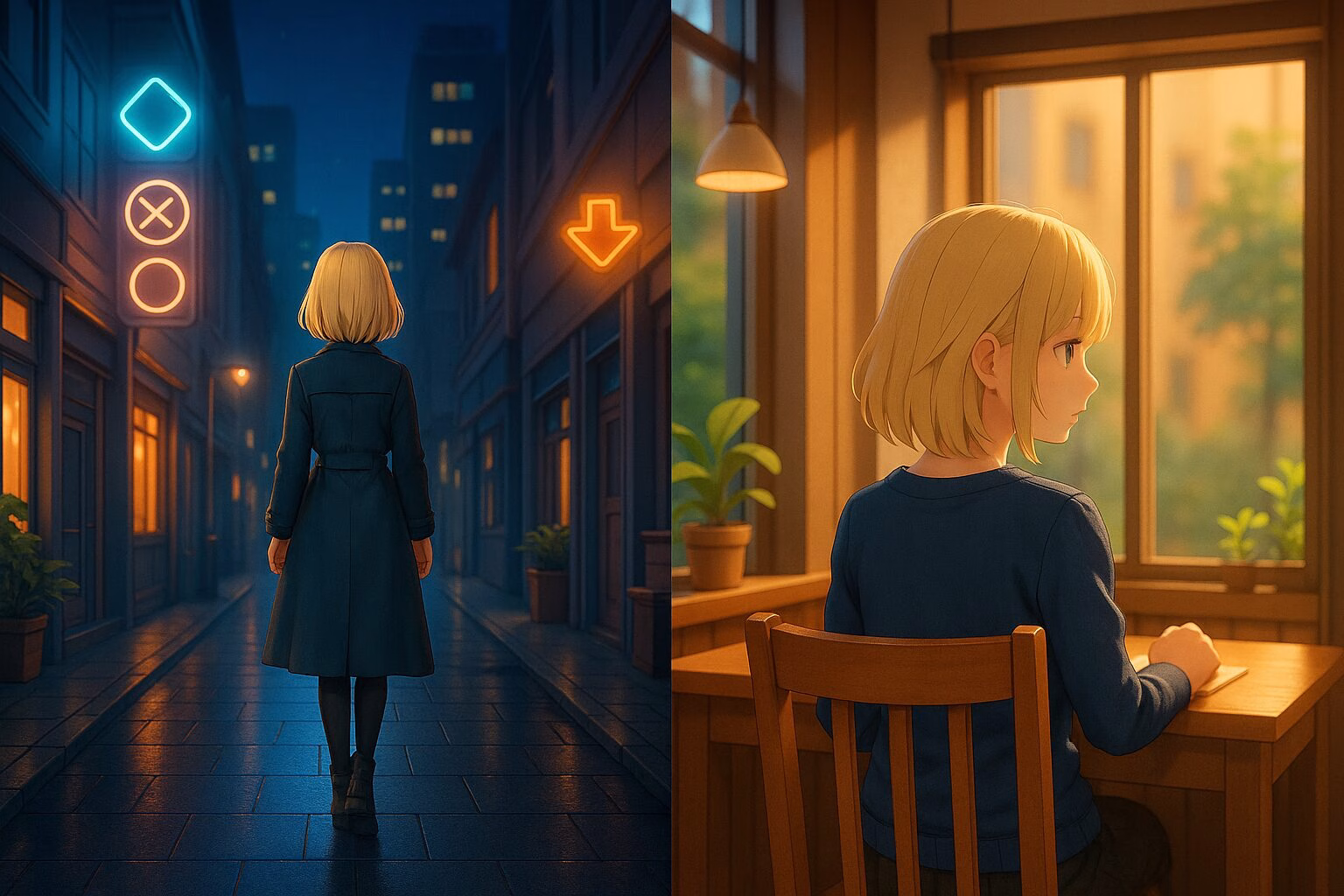 夜の都市を歩く金髪の女性と、昼のカフェで静かに過ごす同じ女性を描いたアニメ調の対比イラスト。AI生成イメージ画像/非公式素材