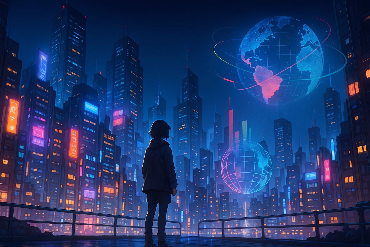 未来都市を見渡す後ろ姿の人物とホログラムが浮かぶ近未来アニメ風の夜景イラスト。AI生成イメージ画像/非公式素材