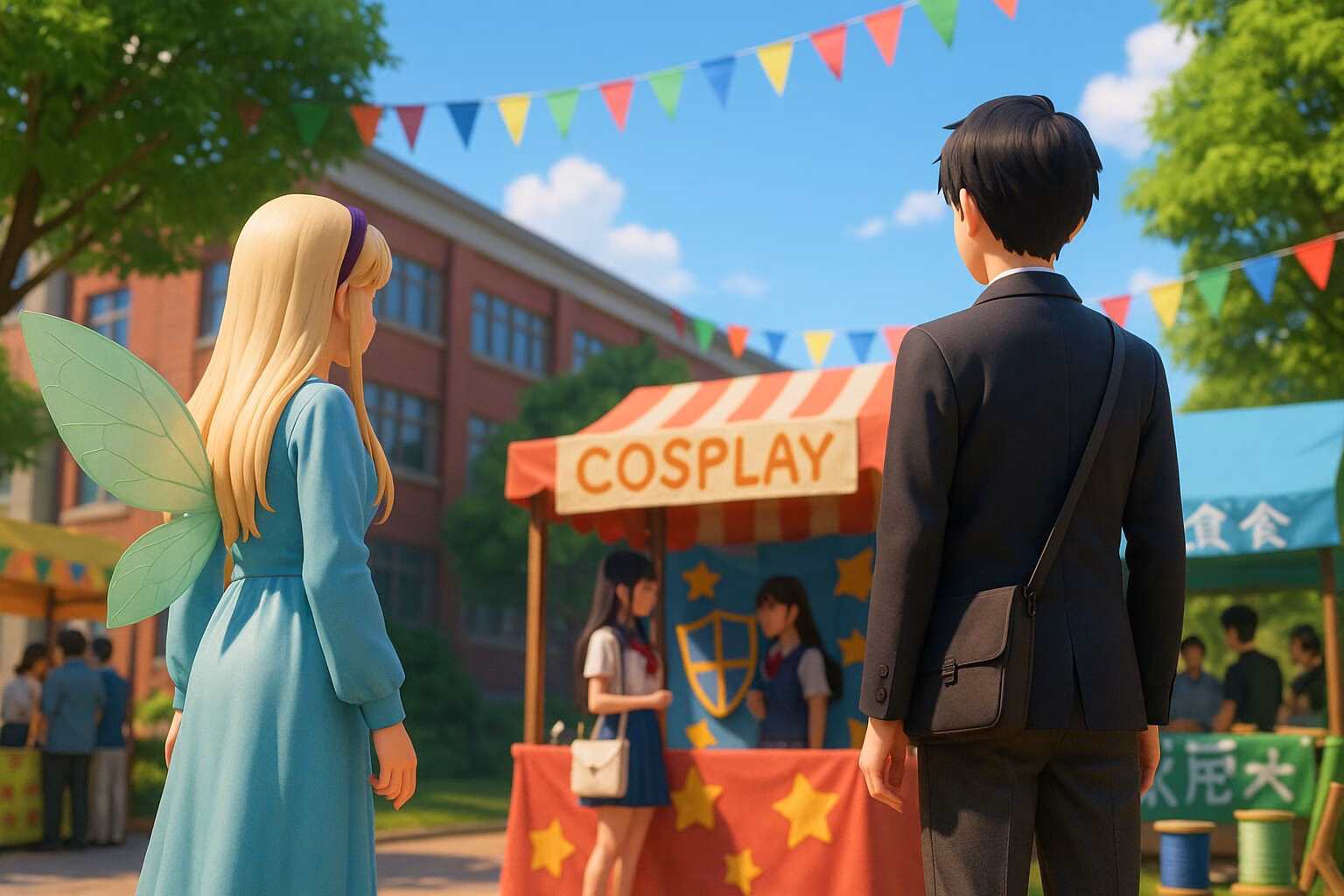 学園祭のコスプレブースを遠くから見つめる男女の3DCGアニメ風イラスト。明るく爽やかな雰囲気で、奥行きのある背景に旗や屋台が描かれている。AI生成イメージ画像/非公式素材