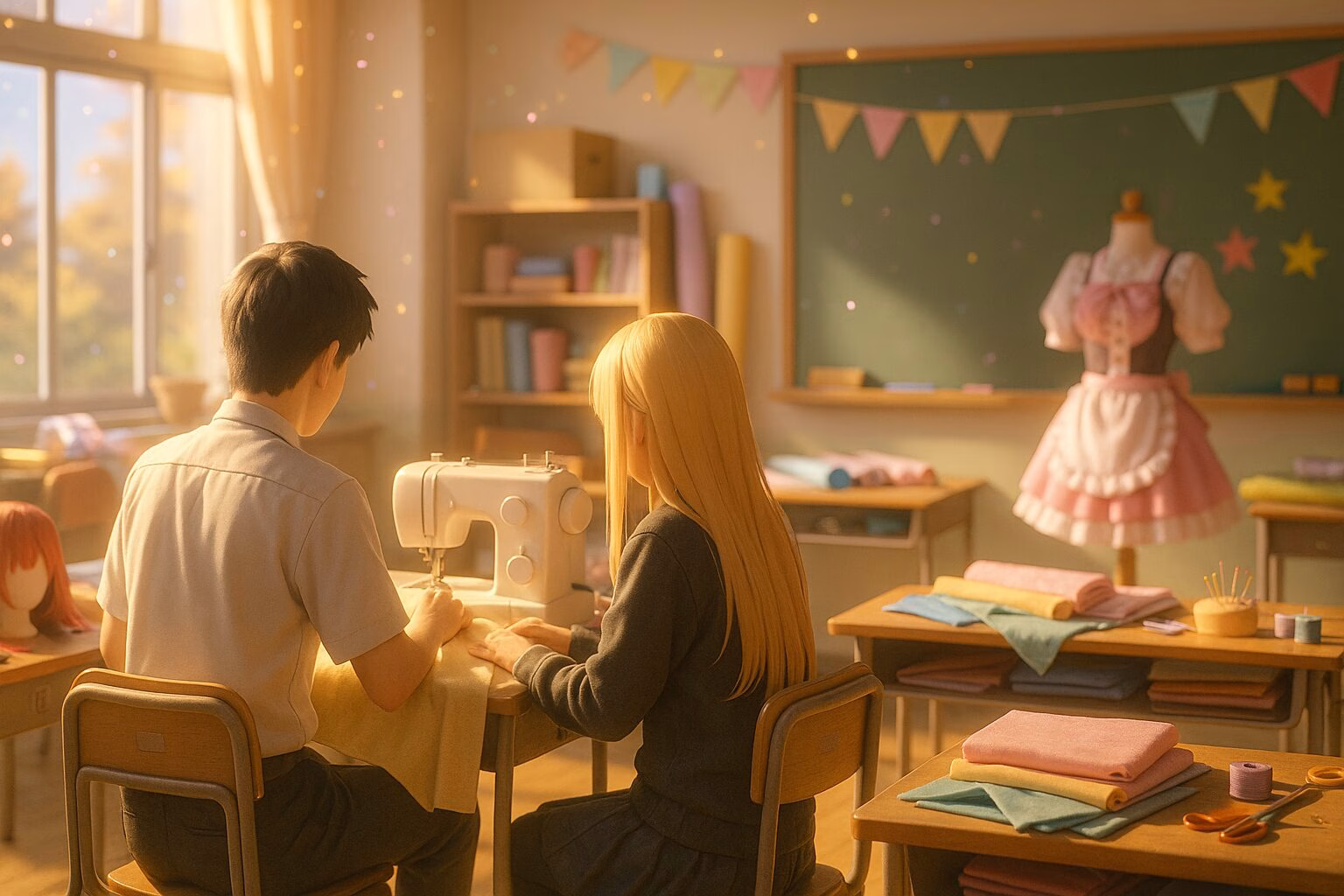 高校の明るい教室でコスプレ衣装を作る男女の後ろ姿を描いた3DCGアニメ風イラスト。温かみのある光と裁縫道具が散りばめられた空間が、創作の楽しさを演出している。AI生成イメージ画像/非公式素材