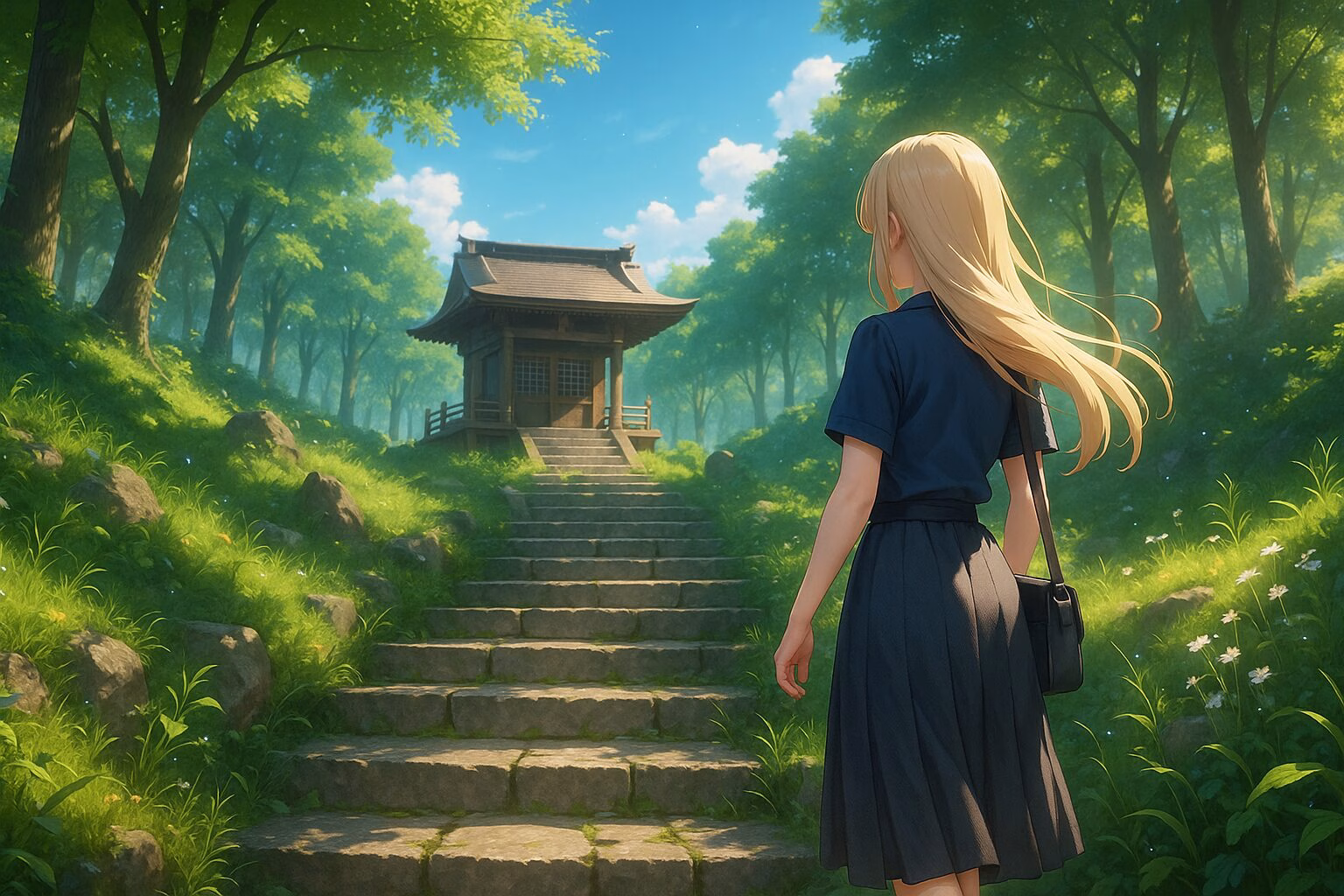 木漏れ日の中、石段を登る若い女性の後ろ姿と、森に囲まれた静かな神社の風景。AI生成イメージ画像/非公式素材