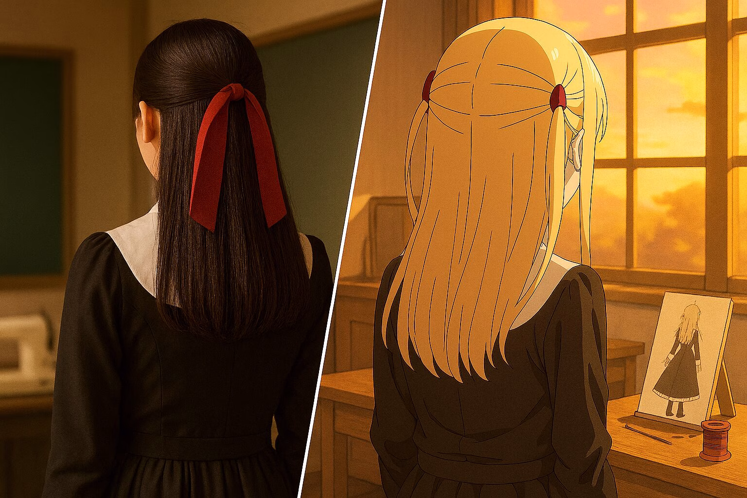 アニメ風と実写風の女子学生が夕暮れの教室で背中を向けて立っている様子。AI生成イメージ画像/非公式素材
